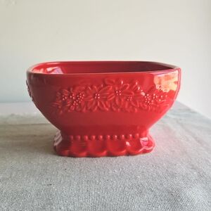 Roscher & Co. Poinsettia Collection Footed Bowl Stoneware Embossed